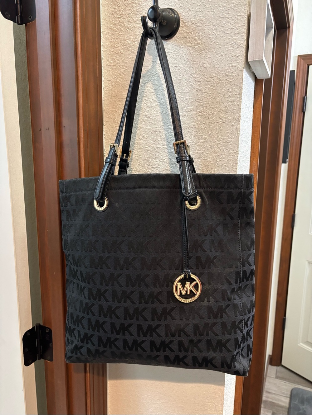 Michael Kors Black MK Logo Tote with Gold Charm